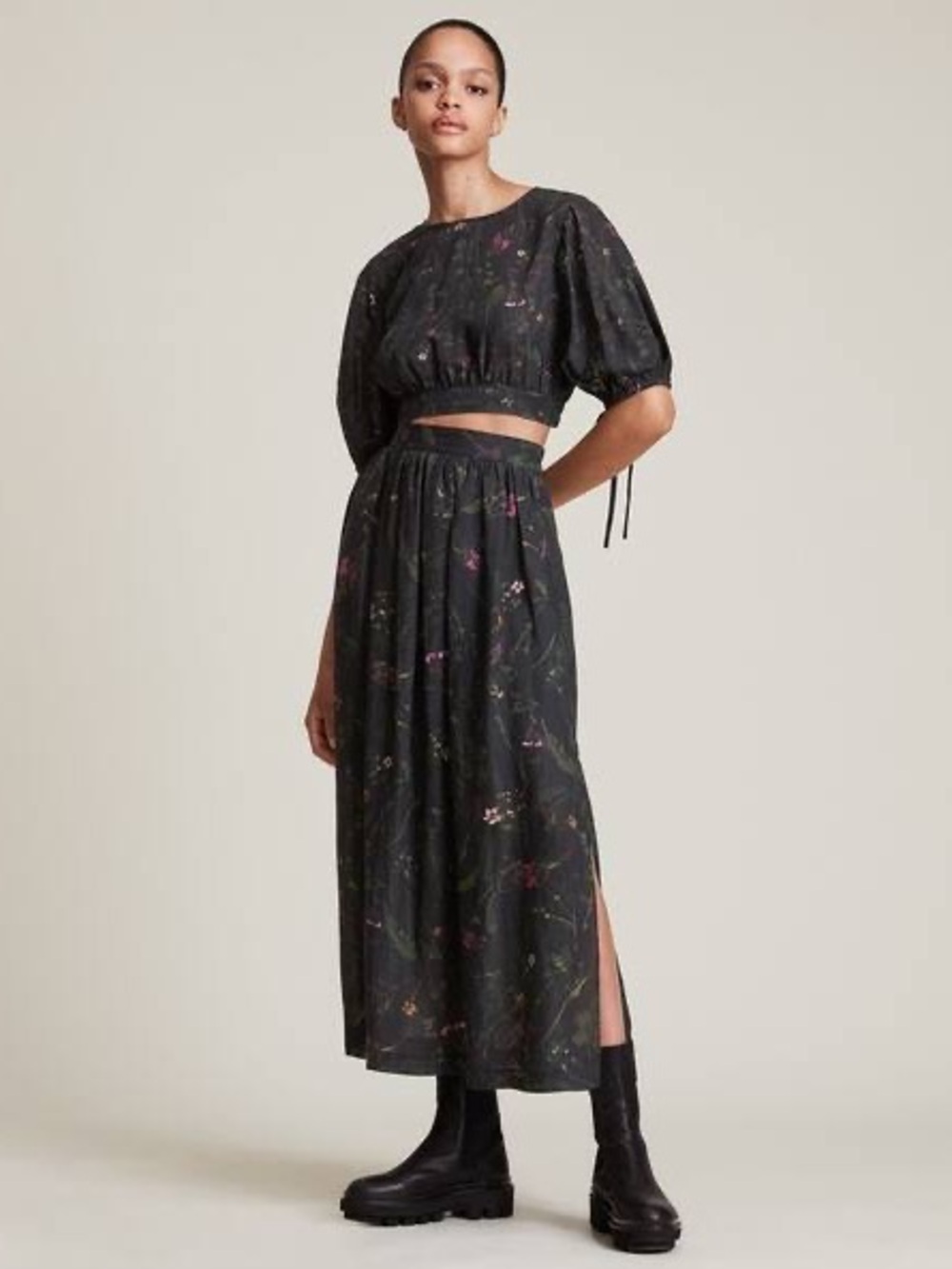 All Saints Black Floral A-Line Midi Skirt - Picture 2 of 16
